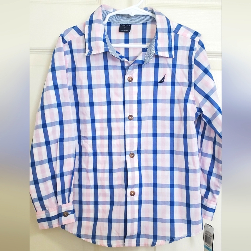 Nautica Plaid Long Sleeve Button Down Collar Shirt. Boys Small. Pink/Blue/White